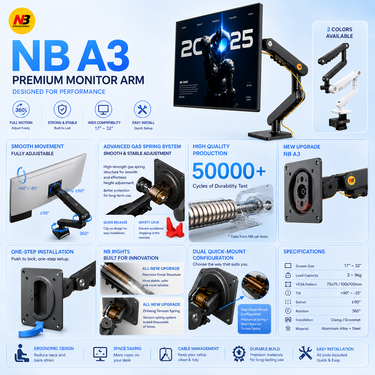 NORTH BAYOU NB A3 Monitor Stand, Monitor Arm, Suitable for 17–32 Inch Monitors, Easy Installation, Desk Clamp Base.