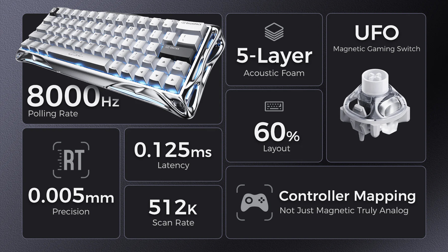 GravaStar Mercury V60 Pro Gaming Keyboard Deluxe Edition - 8kHz Magnetic Switch | Premium Hall Effect Keyboard – Dual Keycap Gift Box Set (chrome Silver)