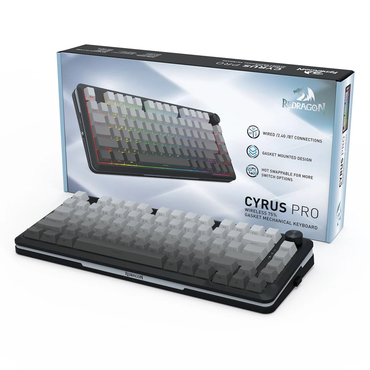 Redragon Cyrus Pro K681SP RGB Wireless 75% Hot-Swappable Gasket Mechanical Keyboard with Knob (RPC Linear Switch) (Gradient Grey)