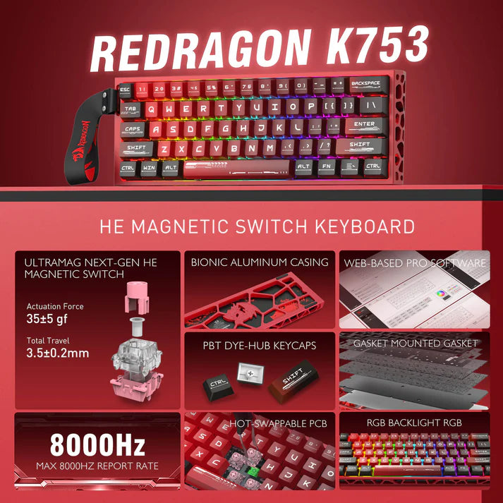 لوحة مفاتيح الألعاب Redragon K753 HE Rapid Trigger، لوحة مفاتيح ميكانيكية سلكية 61 مفتاحًا بنسبة 60% مع قاعدة ألومنيوم مجوفة باللون الأحمر الجذاب، ومفاتيح مغناطيسية UltraMag 100% POM فائقة النعومة وسريعة الاستجابة من الجيل التالي
