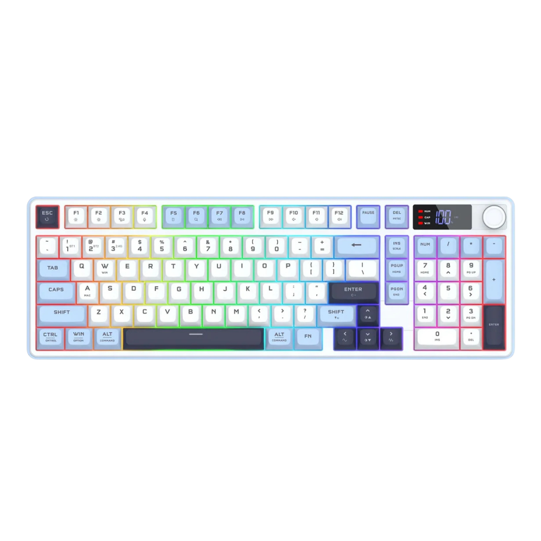 Redragon Wireless Gaming Keyboard, 98-Key Tri-Mode (BT/2.4G/Wired) RGB Computer Keyboard with Knob & Display, Fade-Resistant PBT Keycaps & 4000mAh Battery, Compatible with Windows/Mac - White Blue