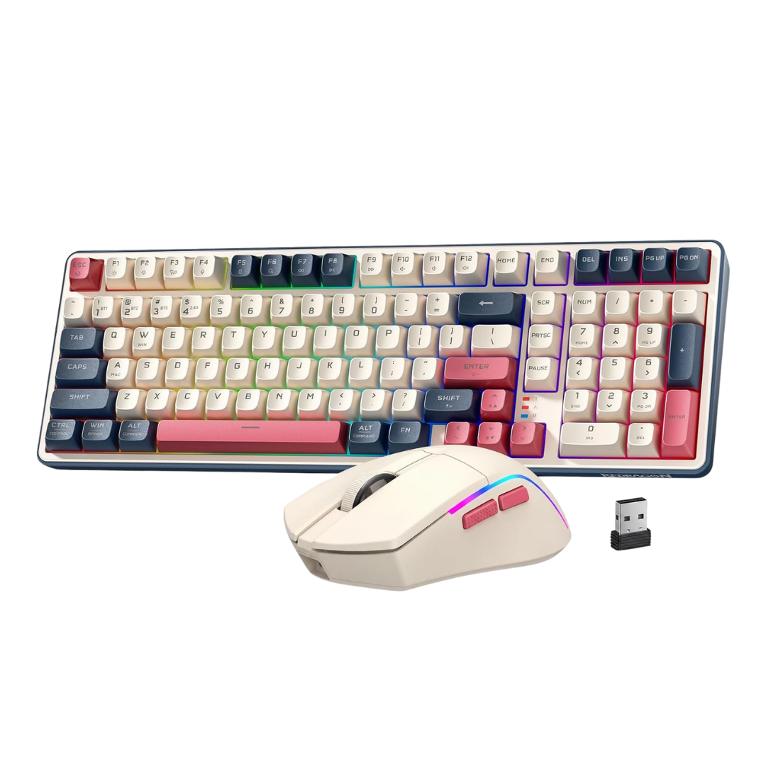 Redragon S174 Gaming Keyboard and Mouse Wireless with Tri-Mode, RGB Keyboard and 5000 DPI 61G Ultra-Light Gaming Mouse, Computer Keyboard Creamy Cute with Number Pad BT/2.4GHz/USB-C - Beige