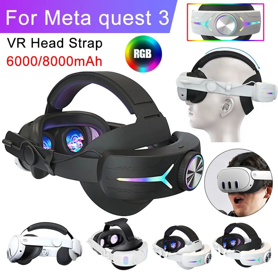 RGB Adjustable VR Head Strap for Meta Quest 3 Reduce Face Pressure Head Strap Built-in 8000mAh Battery for Meta Quest 3 Headset