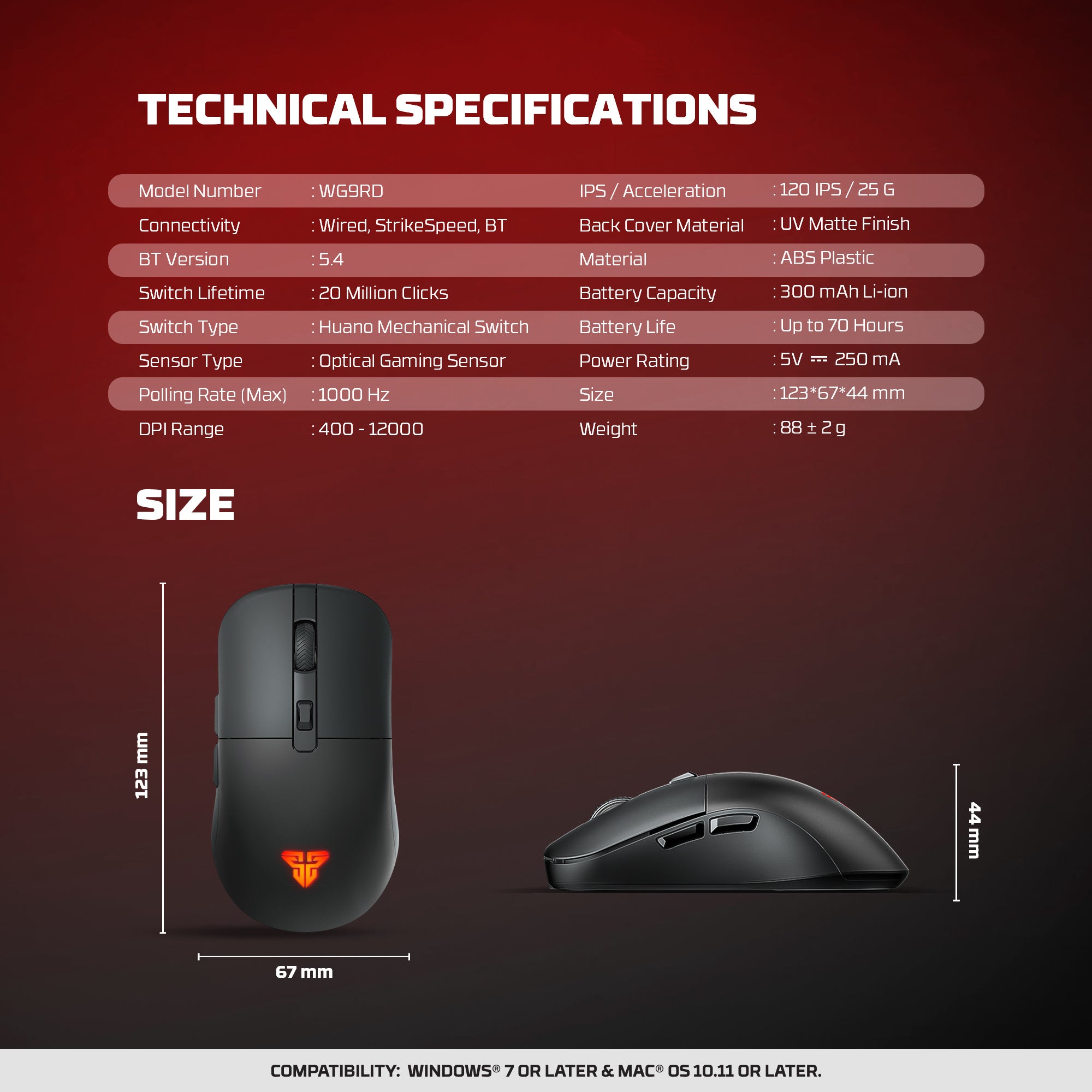 FANTECH WG9RD Wireless Gaming Mouse with Charging Magnetic Base Three Mode 12000DPI Customized E-sports Gamer Mouse