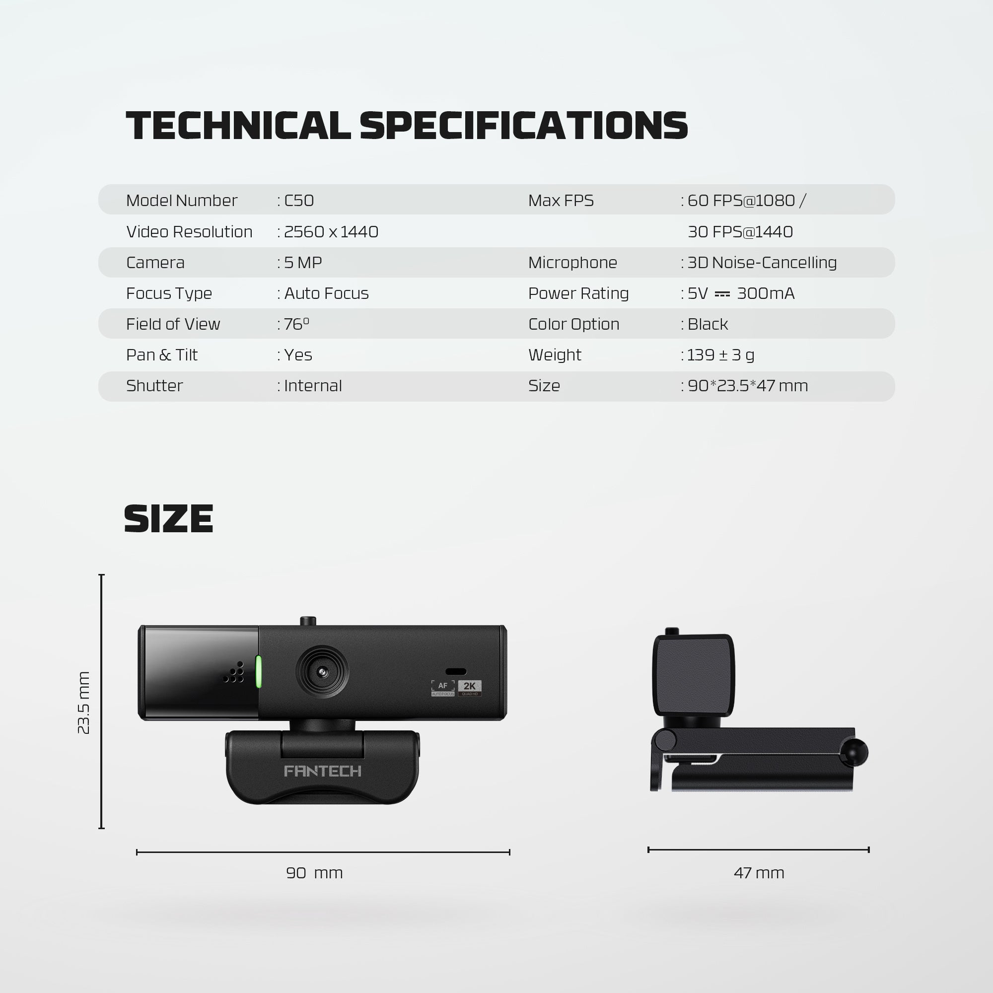 Fantech Luminous C50 Quad High-Definition Webcam 2K Quad-HD Support 60 FPS & 3D Noise Cancelling Mic