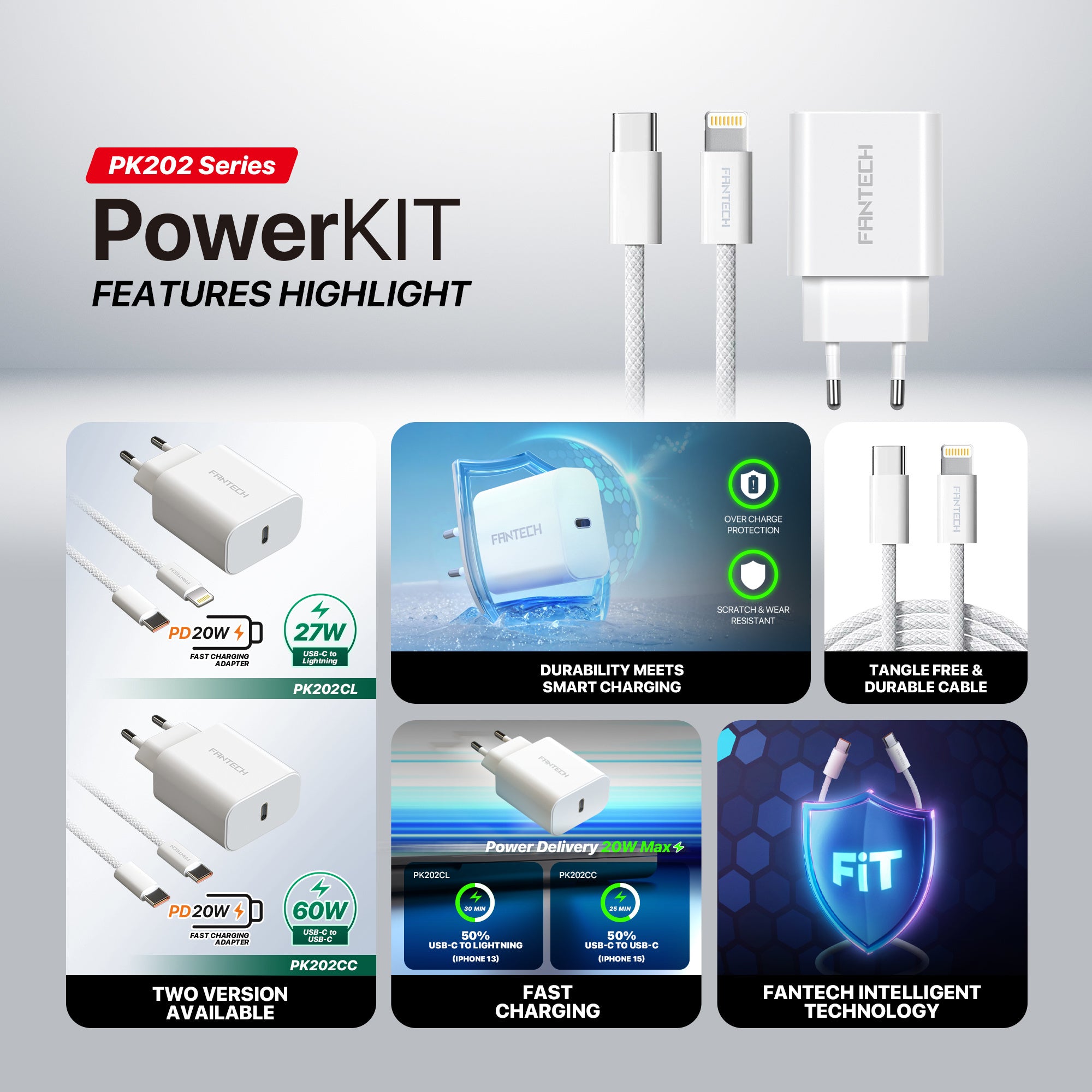 FANTECH PK202 20W Fast Charging Plug USB C Braided Cable Power Delivery for iPhone Home Car Travel Use Phone Charger Data Cable