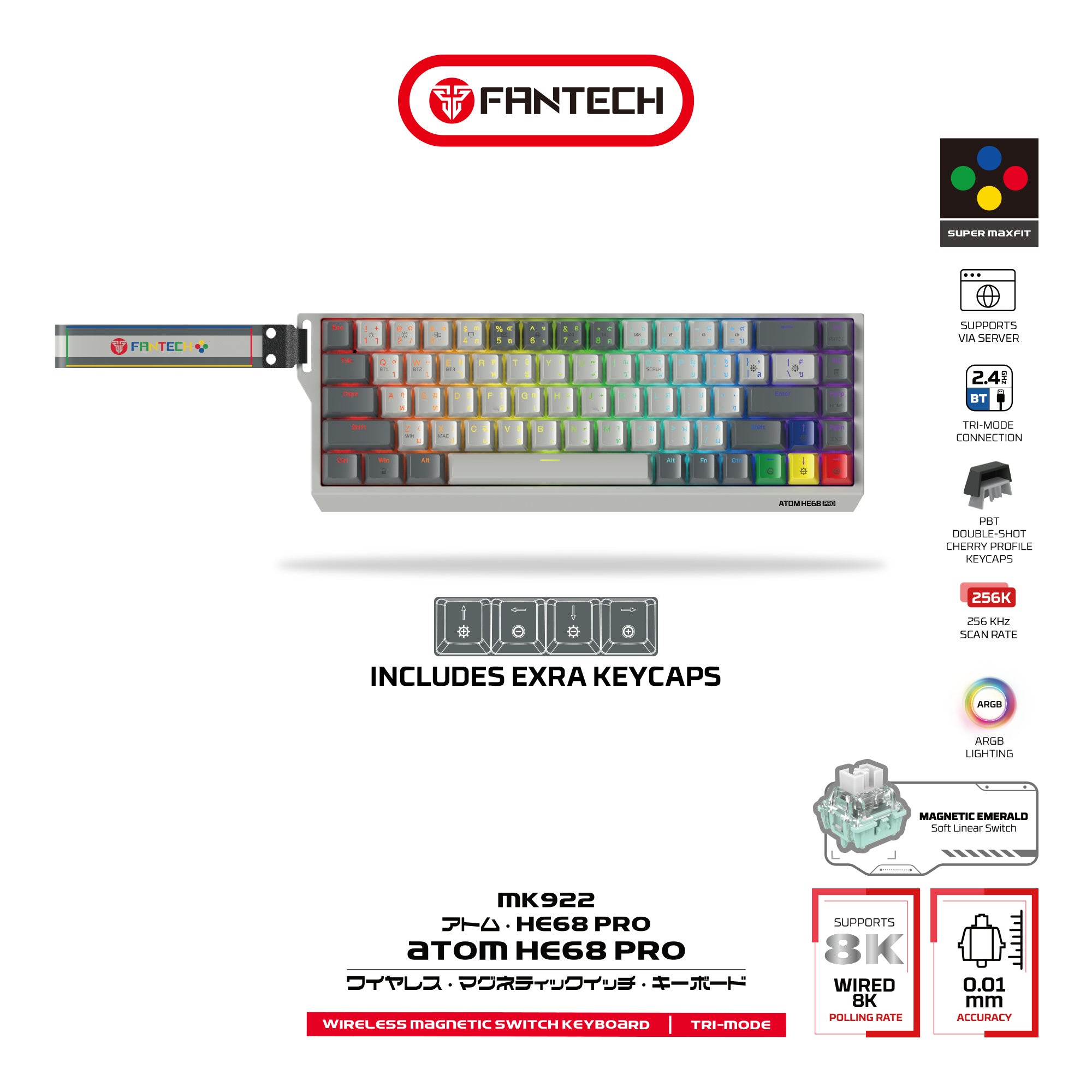 Fantech Keyboard ATOM HE68 MK922 MAGNETIC SWITCH 8000 HZ  – GRAY