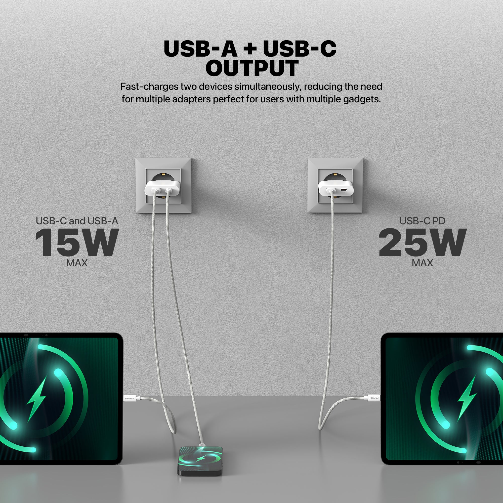 Fantech PowerPLUS PPS251 25W GaN Fast Charger – Dual-Port USB-C & USB-A PD + QC Wall Charger, Ultra-Slim Compact Design with Smart Charging & Safety Protection