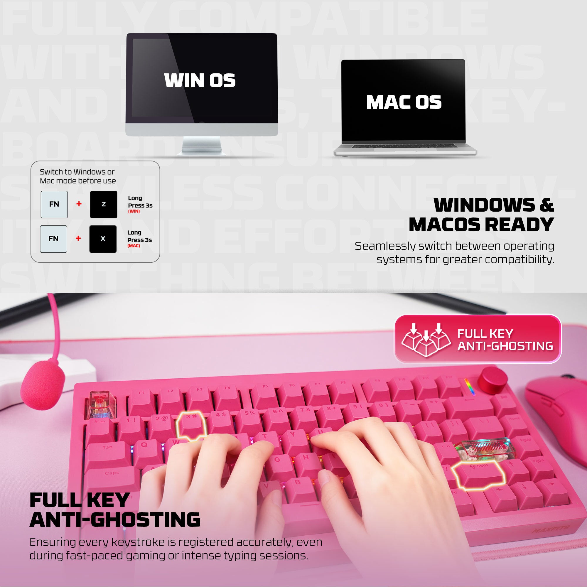 لوحة مفاتيح ميكانيكية Fantech MK921 MAXFIT8 QMK باللون الوردي