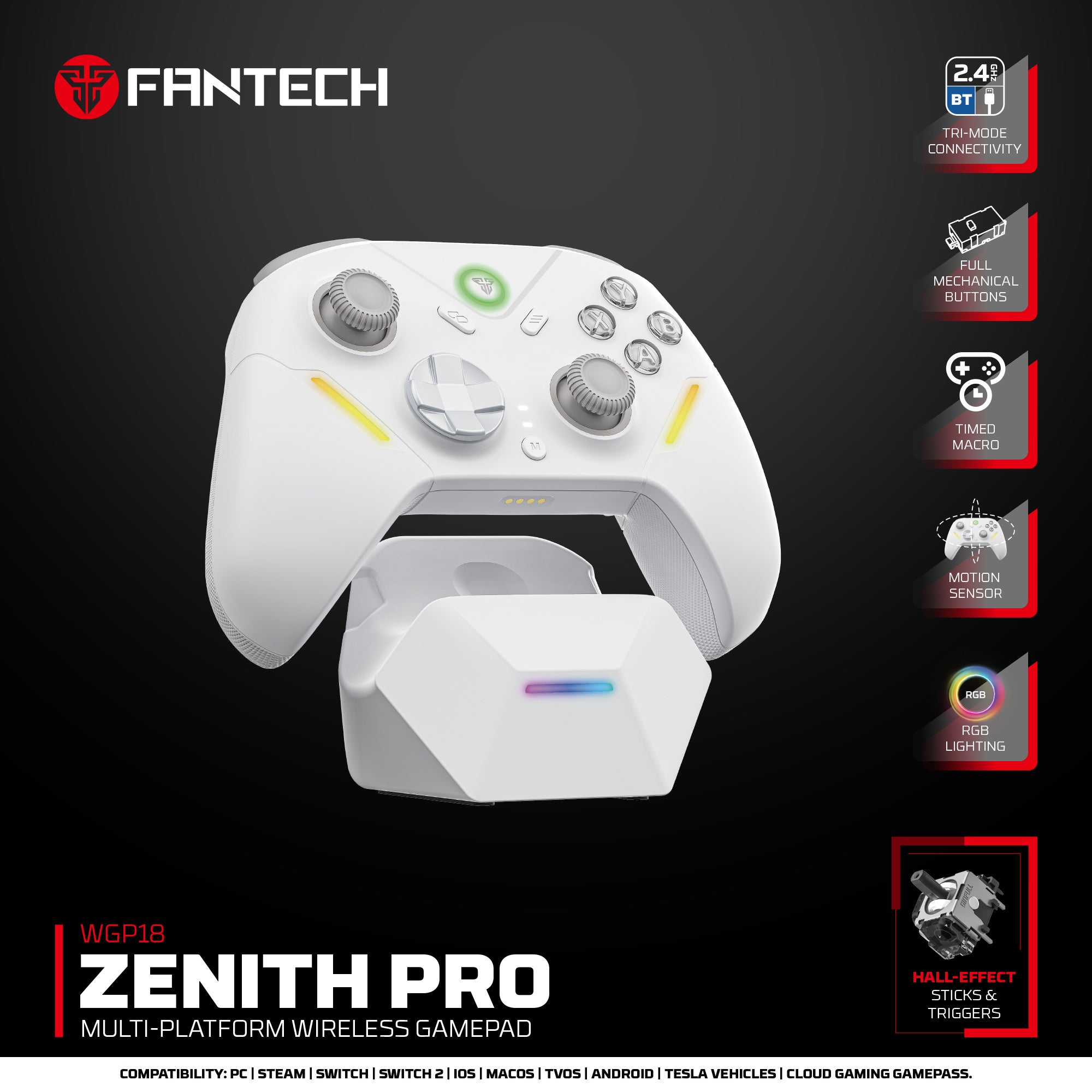 Fantech ZENITH PRO Wireless Gamepad RGB Multi-Platform Hall-Effect Game Controller with Charging Dock