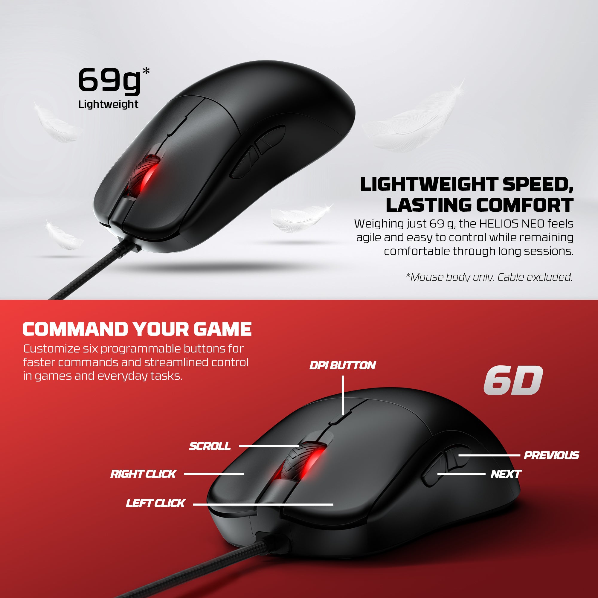 Fantech Helios Neo UX3V2S Wired Gaming Mouse with RGB Lighting 6D Macro Function 400-20000 Adjustable DPI 20 Million Clicks Plug & Play Tracking Speed Up to 450 IPS / 50G Acceleration 1.8m Nylon Braided USB Cable Connectivity 1000Hz Polling Rate