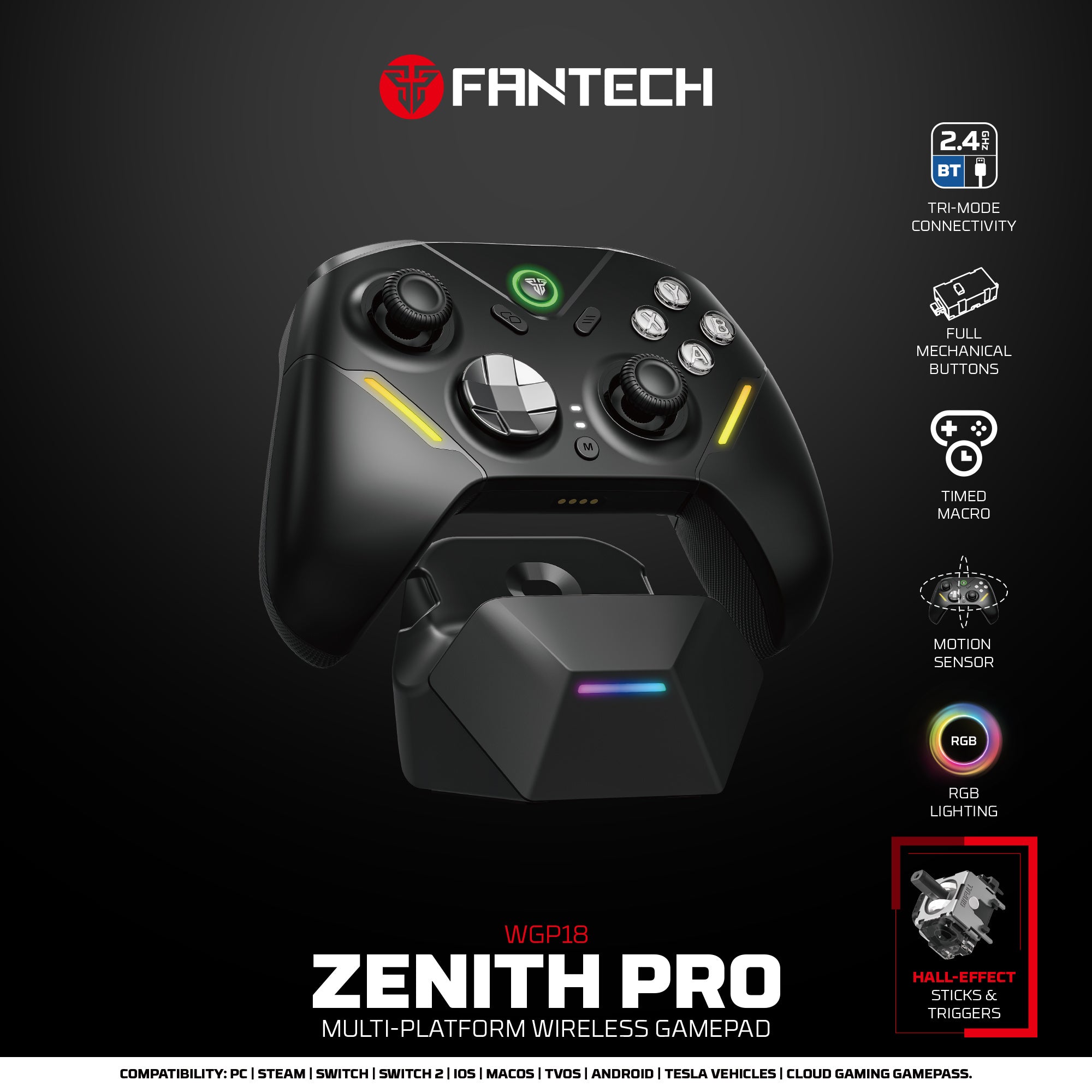 Fantech ZENITH PRO Wireless Gamepad RGB Multi-Platform Hall-Effect Game Controller with Charging Dock