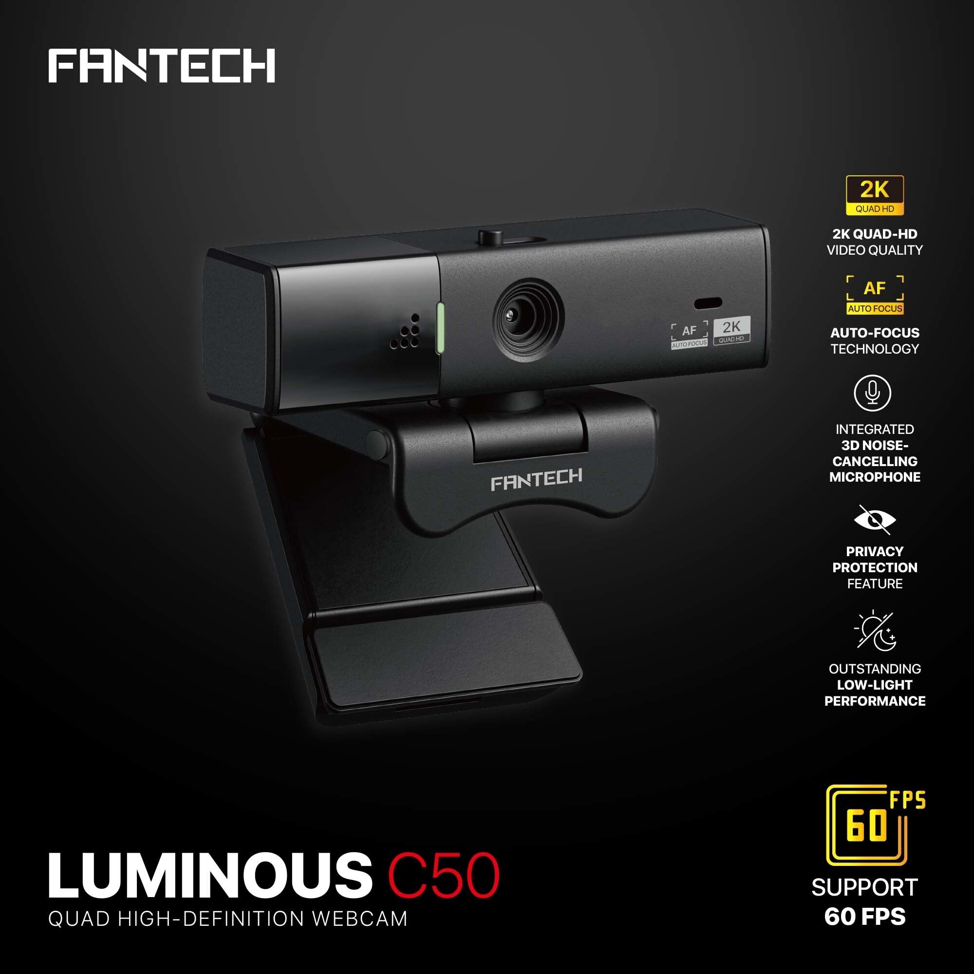 Fantech Luminous C50 Quad High-Definition Webcam 2K Quad-HD Support 60 FPS & 3D Noise Cancelling Mic