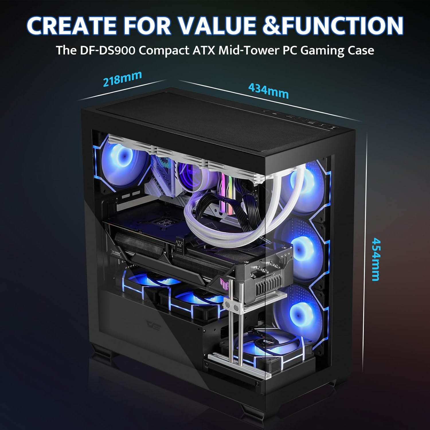 DarkFlash (DS900) ATX Mid Tower PC Case 6fan ARGB Tower Case & Monitor