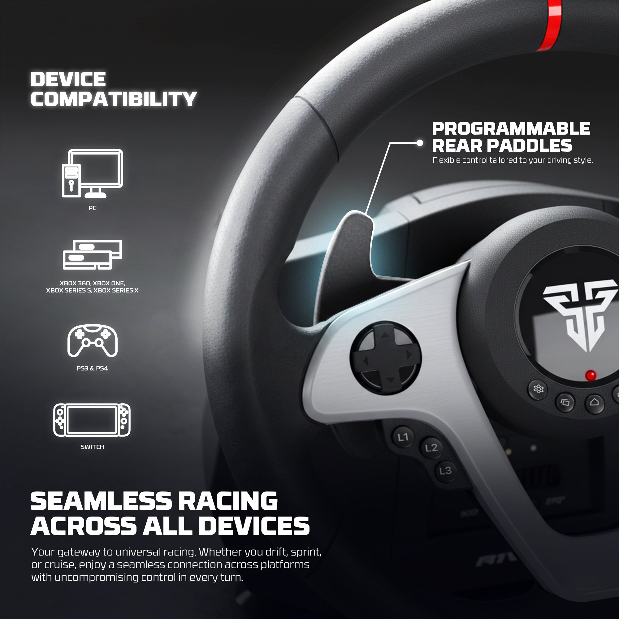 Fantech R1V2 Racing Steering Wheel | Dual-Motor Vibration | 270° / 900° Rotation | 15 Buttons + D-Pad | 6 Gears + Reverse | 3 Pedals (Clutch, Brake & Throttle) | PC Driving Wheel Set with Clutch and Shifter