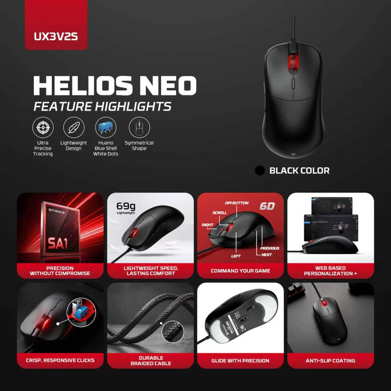 Fantech Helios Neo UX3V2S Wired Gaming Mouse with RGB Lighting 6D Macro Function 400-20000 Adjustable DPI 20 Million Clicks Plug & Play Tracking Speed Up to 450 IPS / 50G Acceleration 1.8m Nylon Braided USB Cable Connectivity 1000Hz Polling Rate