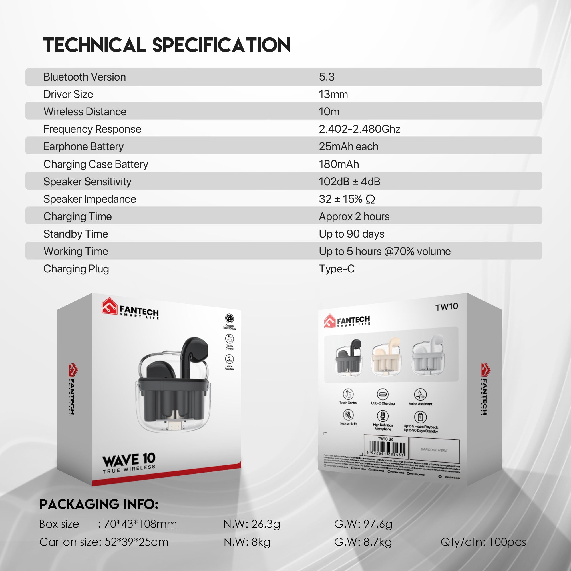 Fantech TWS Bluetooth Wireless Wave 10 TW10 Built - in Microphone Audio 15 JOD