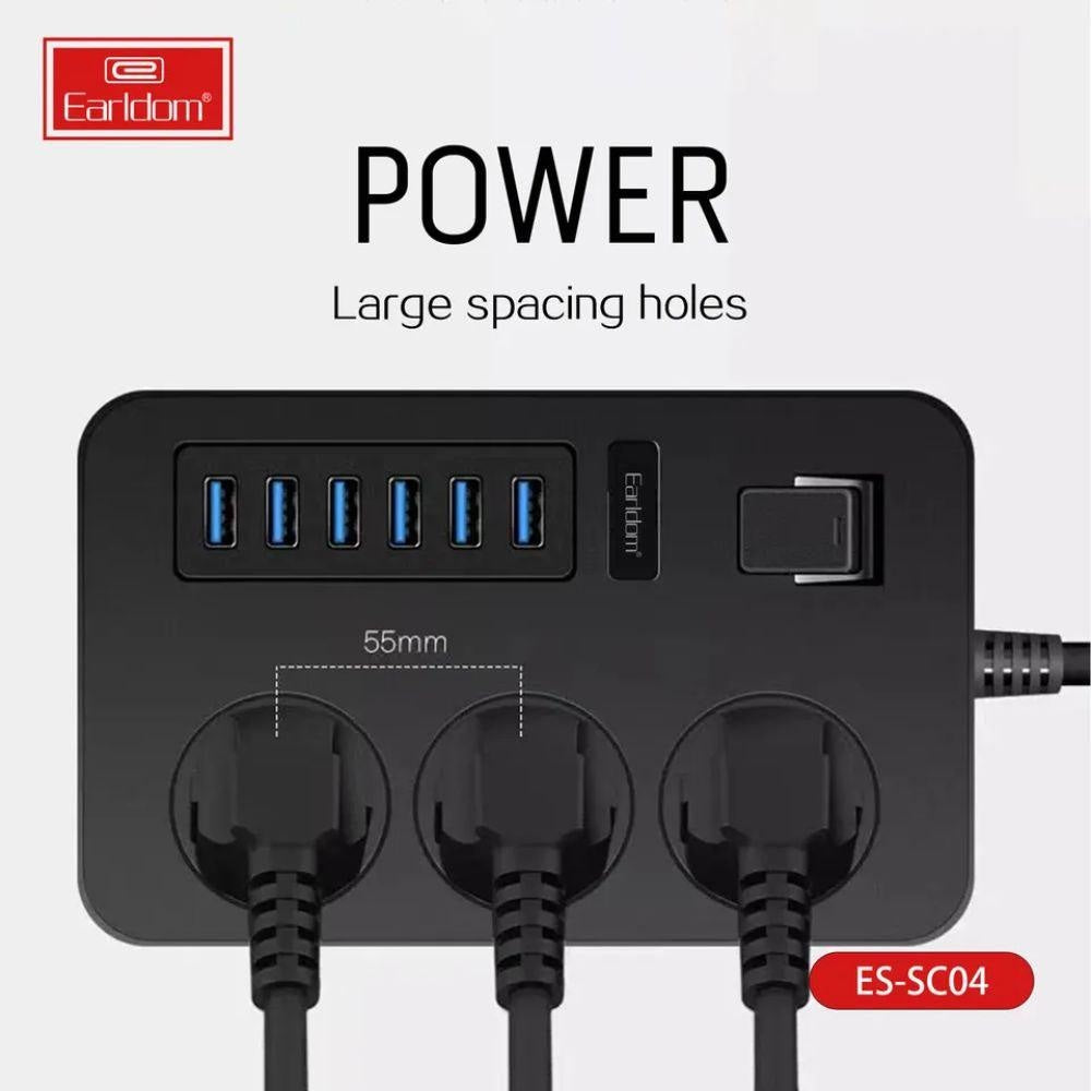 Earldom SC04 EU - Socket 3000W 6USB Ports 3 Power Socket 3.1A 200CM Cables &