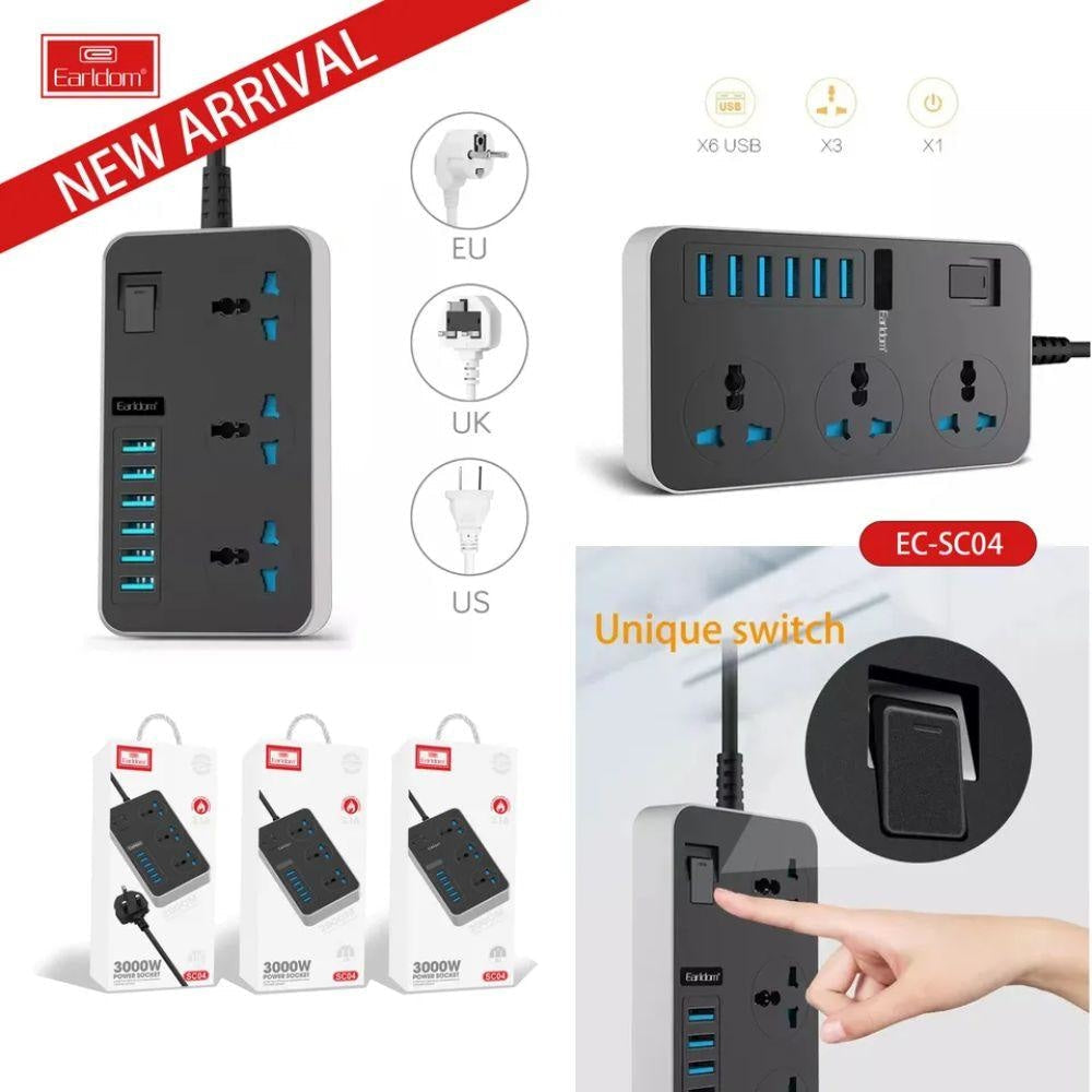 Earldom SC04 EU Socket 3000W 6USB Ports 3 Power Socket 3.1A 200CM Cables &