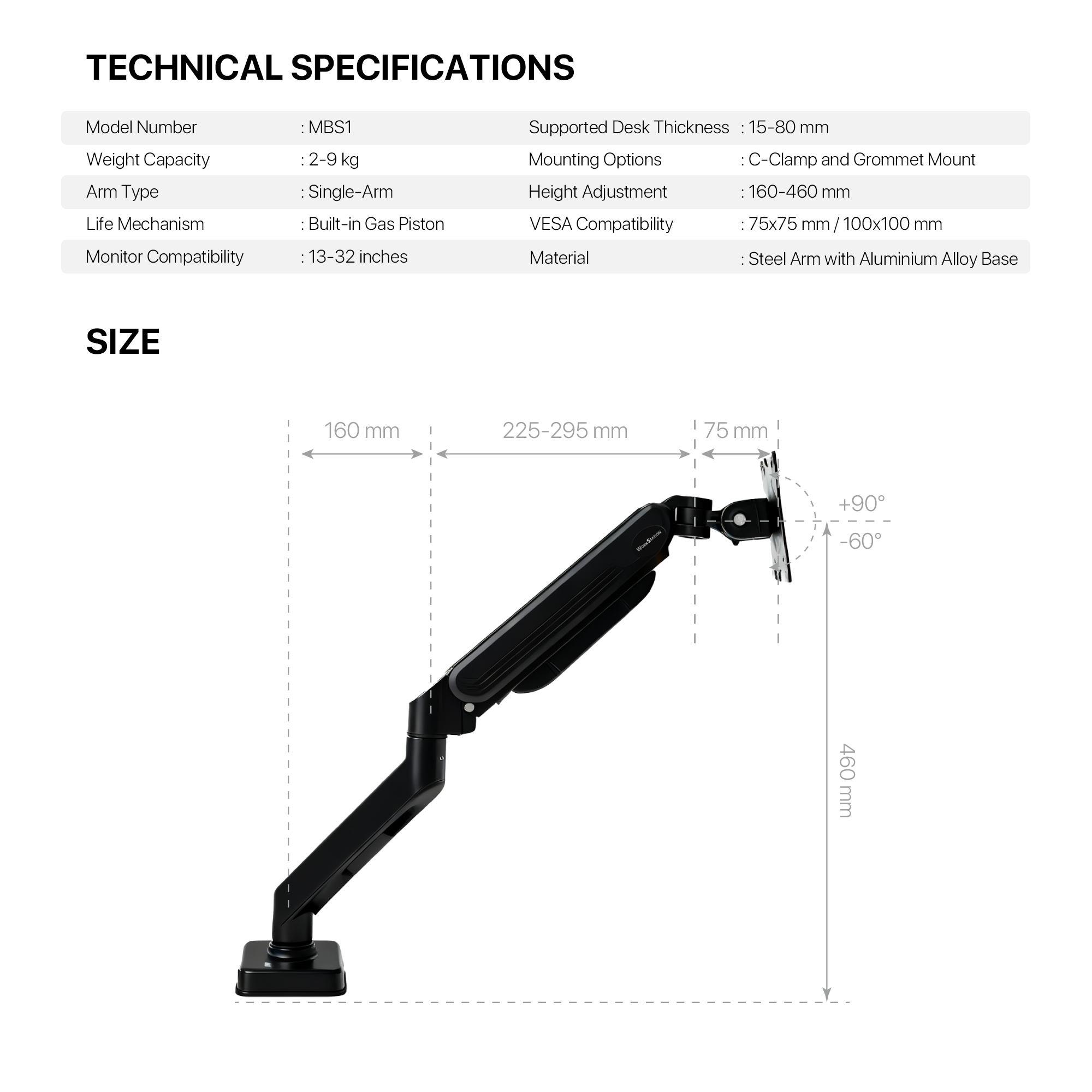 Fantech Workstation MBS1 Single-Arm Monitor Mount, 90 Degree for 13" to 32" Screen Adjustable Spring Dual Monitor Arm Bracket for Desk