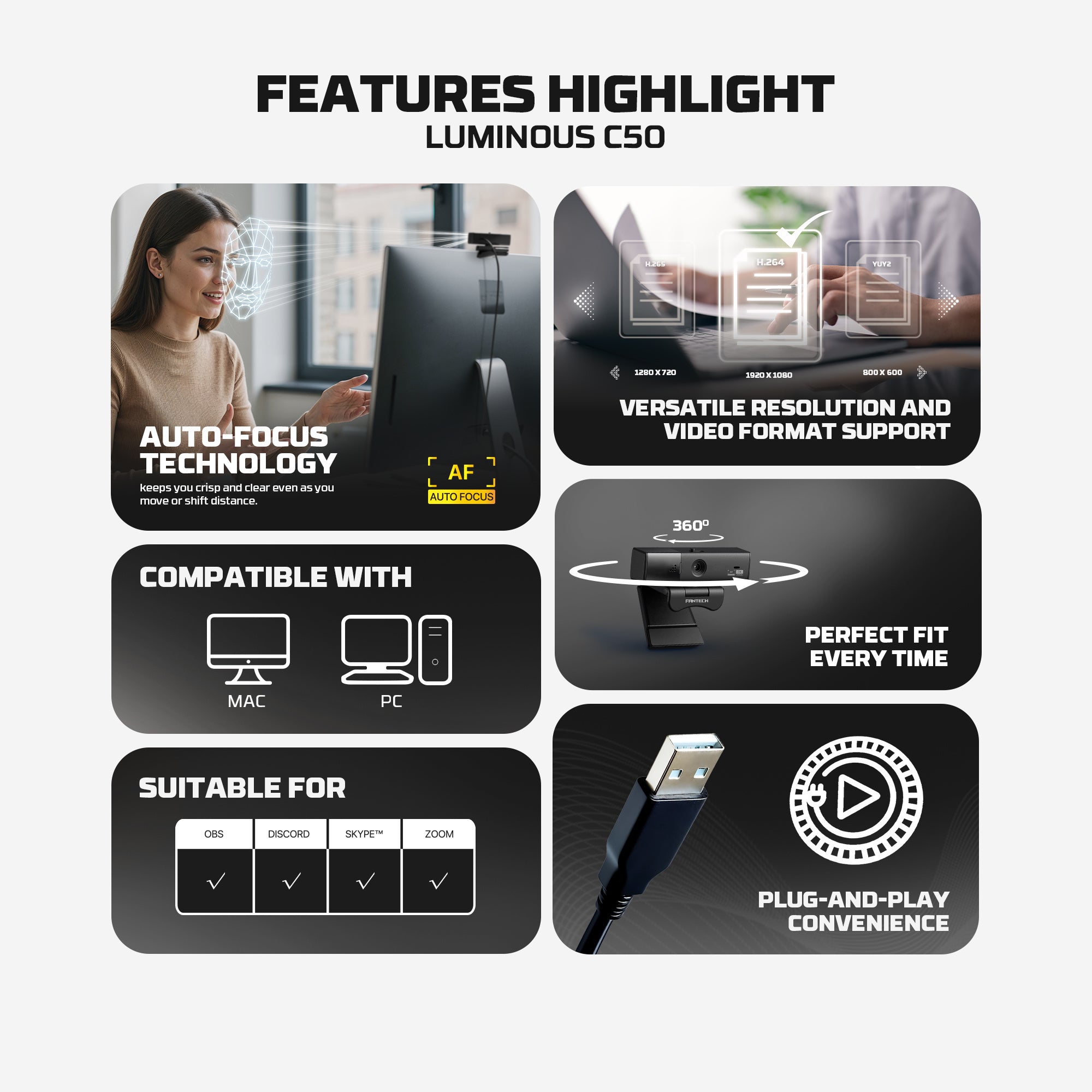 Fantech Luminous C50 Quad High-Definition Webcam 2K Quad-HD Support 60 FPS & 3D Noise Cancelling Mic