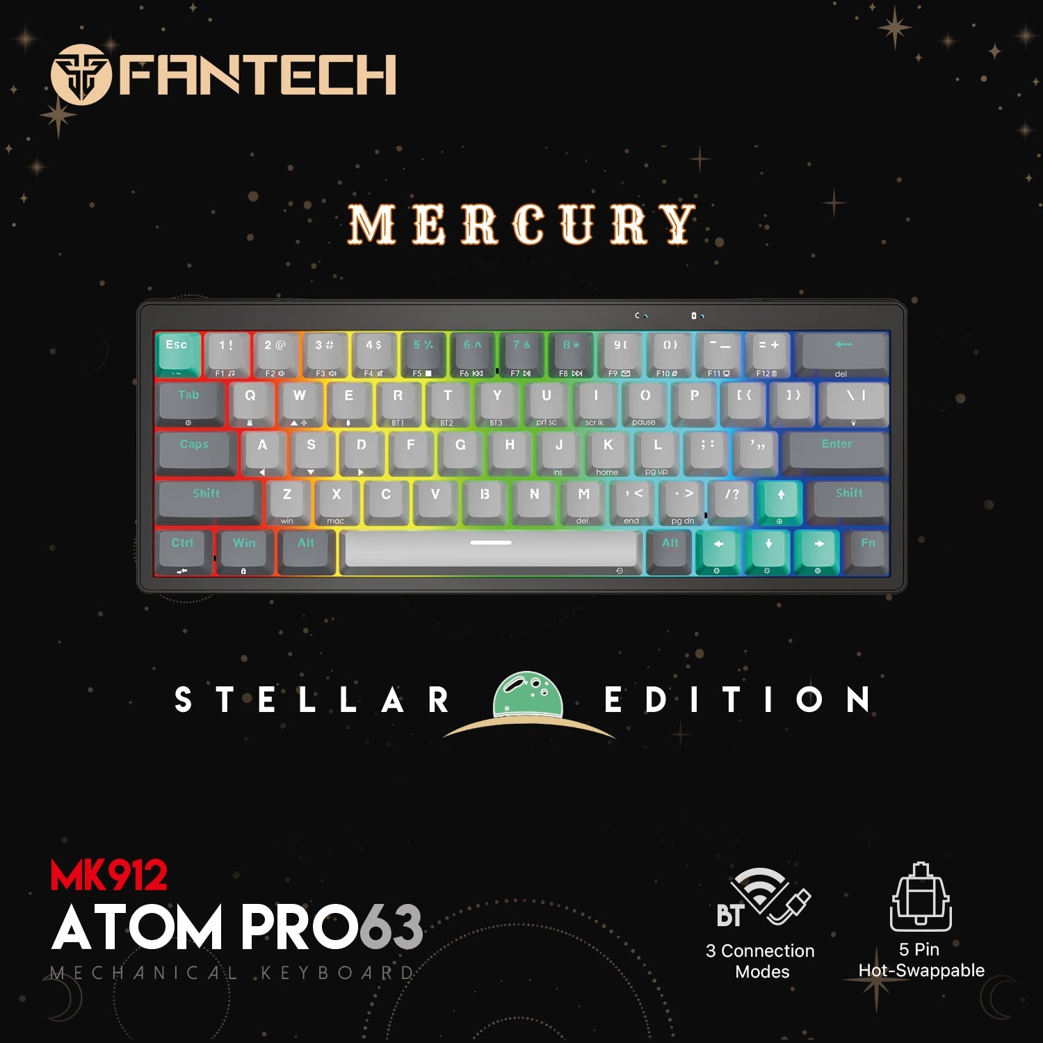 Fantech MK912 ATOM PRO63 RGB Bluetooth Wireless Gaming keyboard Mercury Keyboard