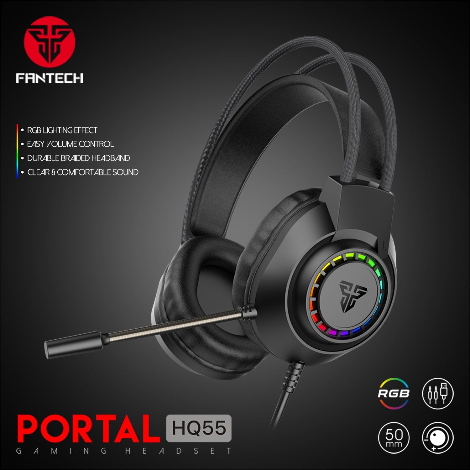 Fantech PORTAL HQ55 3.5mm Jack Headset Gaming RGB Audio 15 JOD