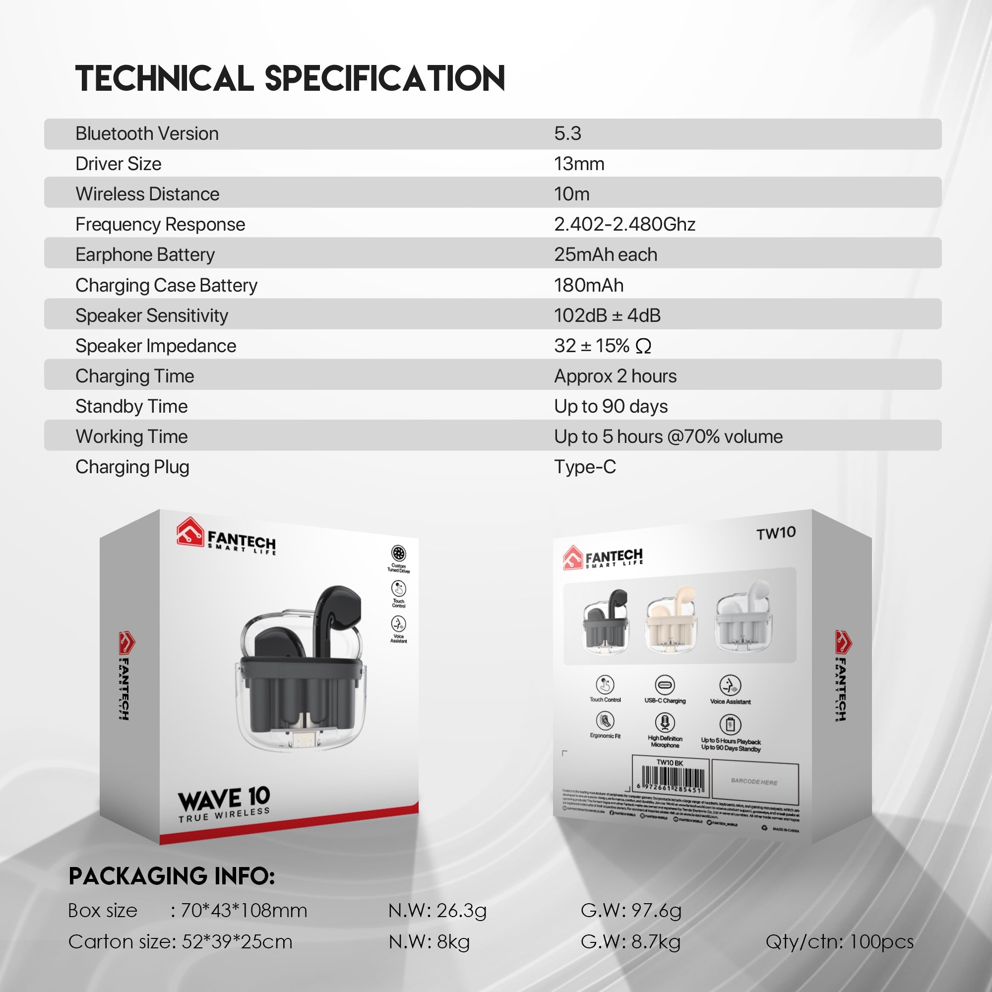 Fantech TWS Bluetooth Wireless Wave 10 TW10 Built in Microphone Audio