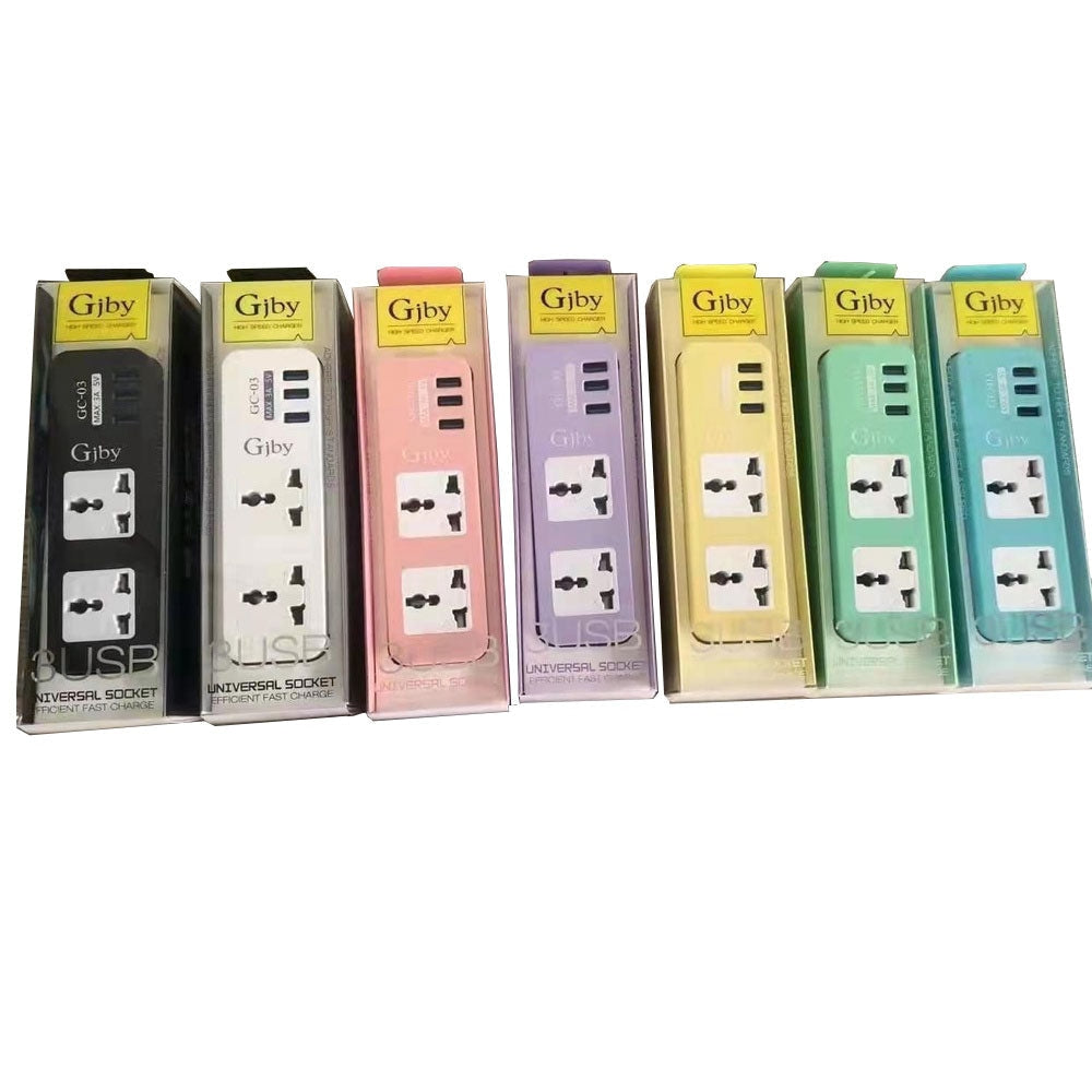 GJBY GC 03 Universal Smart Socket Power Strip With 3 USB Ports Cables & Chargers
