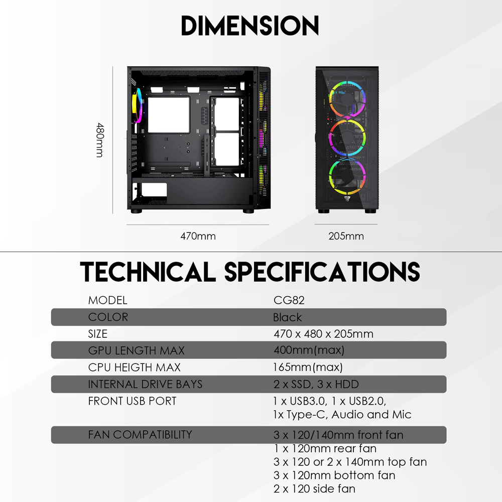 HEXA XL CG82 FULL TOWER CASE WITH FREE 4 PCS FRGB FAN Tower Case & Monitor