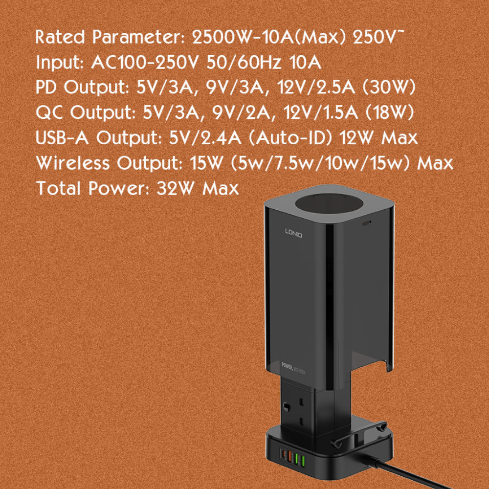 LDNIO 2m Tower Extension Lead with 6 Sockets 4 USB Slots & Wireless Charger UK