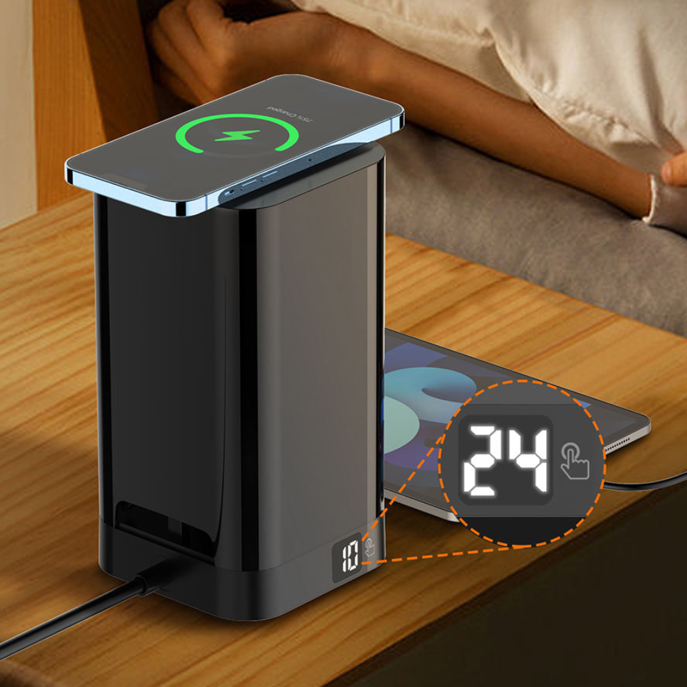 LDNIO 2m Tower Extension Lead with 6 Sockets 4 USB Slots & Wireless Charger UK