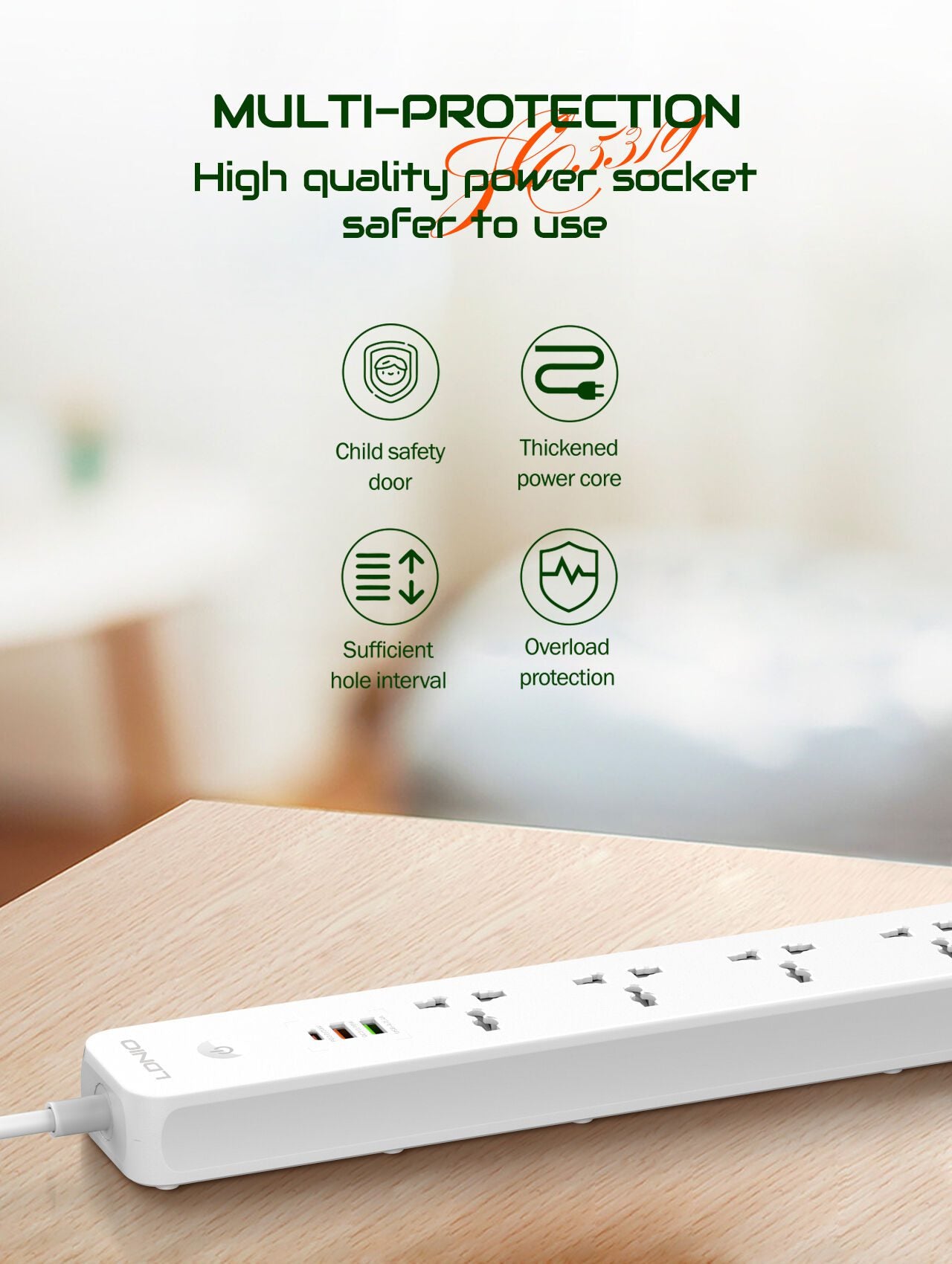 LDNIO SC5319 Multi Socket Extension Lead with 5 AC 3 USB Power Socket Plug Extender 2M