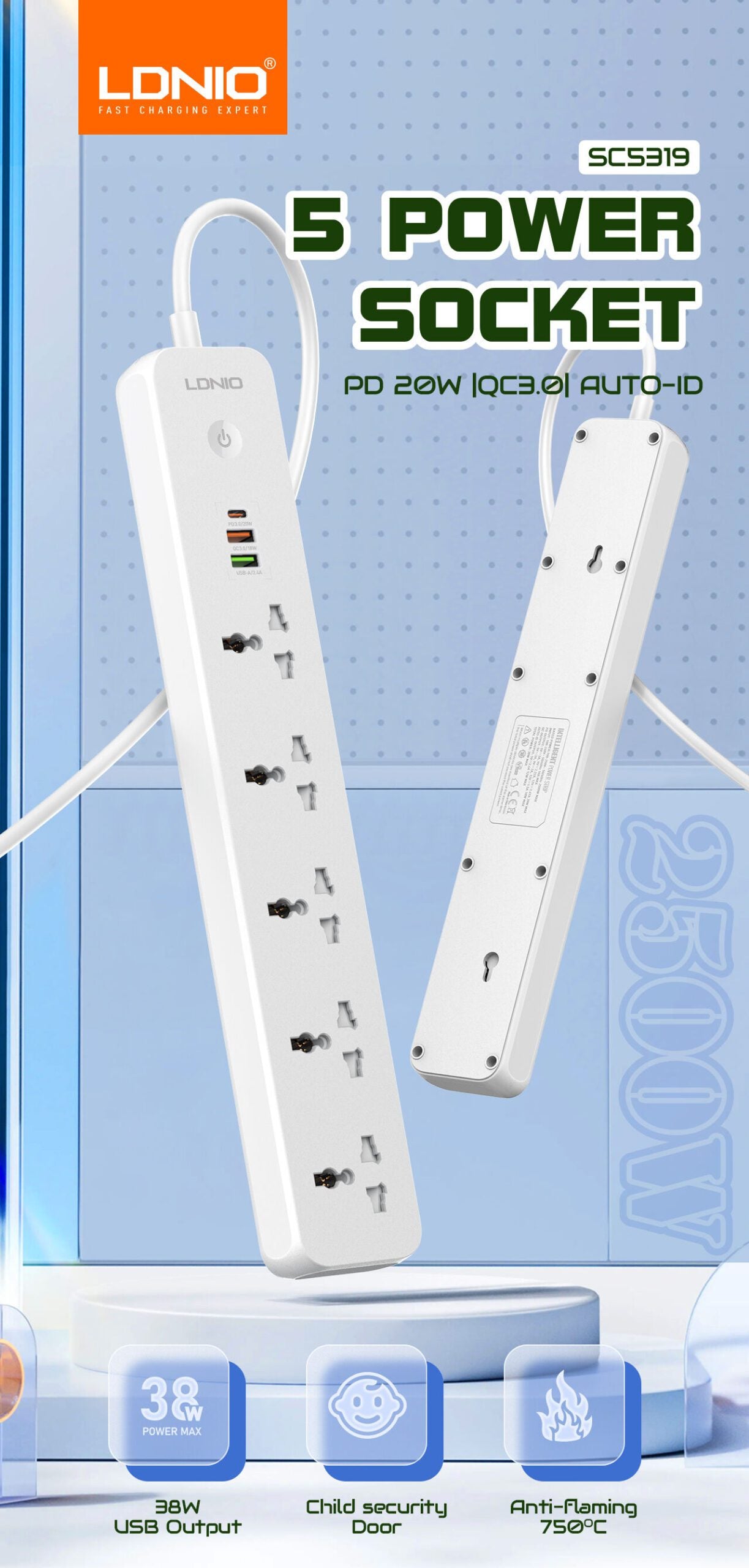 LDNIO SC5319 Multi Socket Extension Lead with 5 AC 3 USB Power Socket Plug Extender 2M