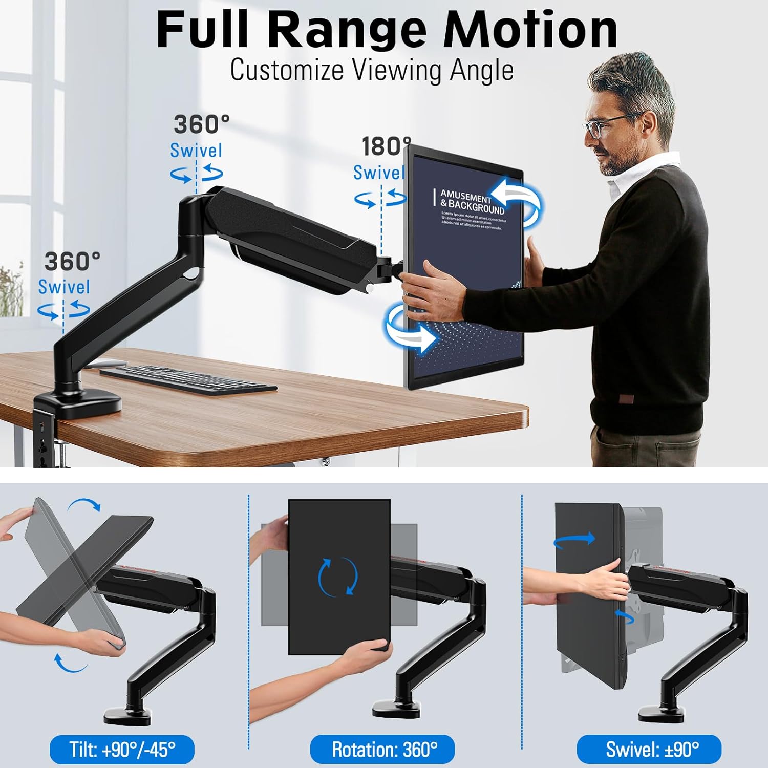 Redragon GMK914 Single Monitor Mount Stand Gas Spring Adjustable Arms with VESA