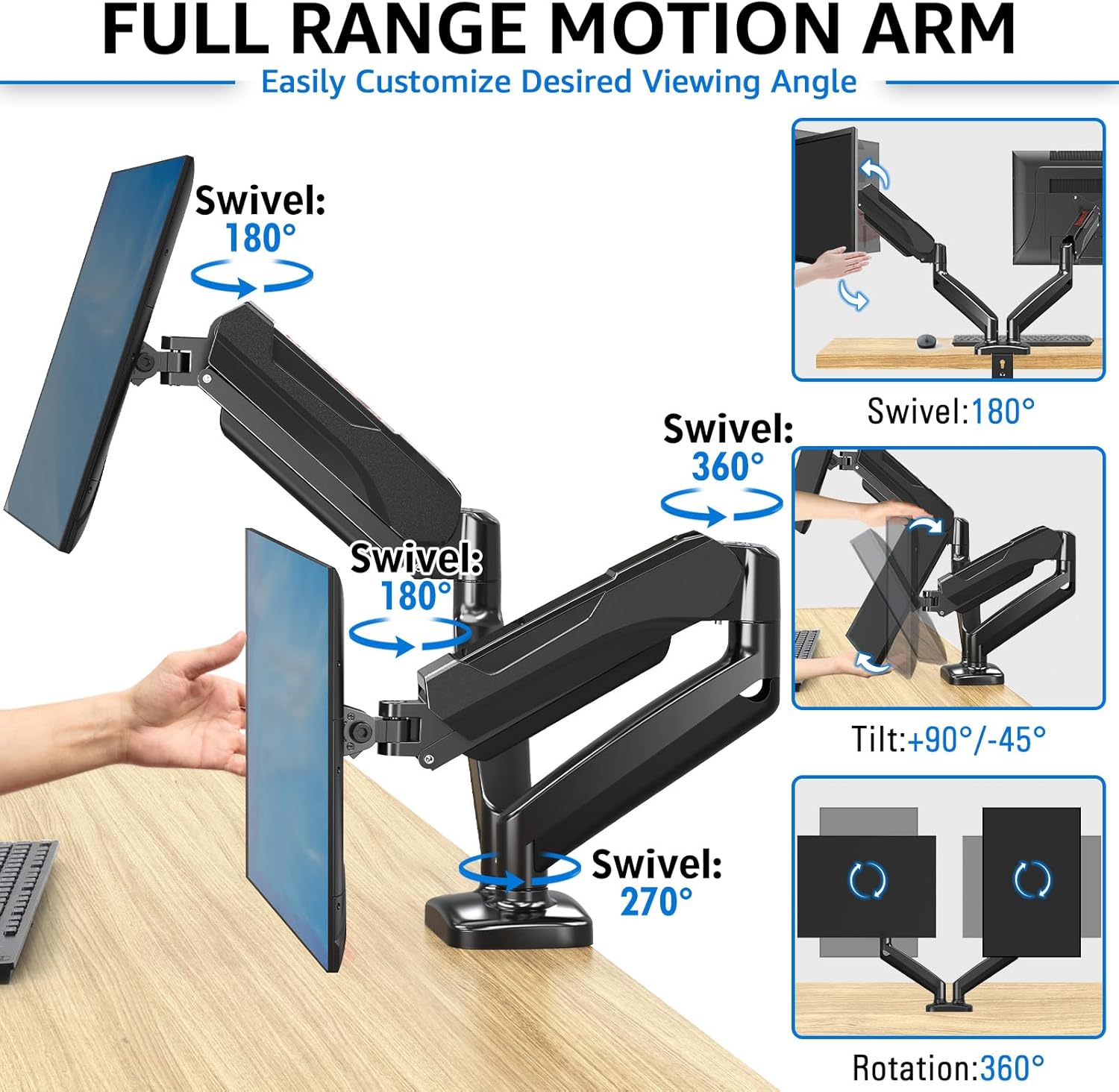 Redragon GMK915 Dual Monitor Mount Stand Gas Spring Adjustable Arms with VESA
