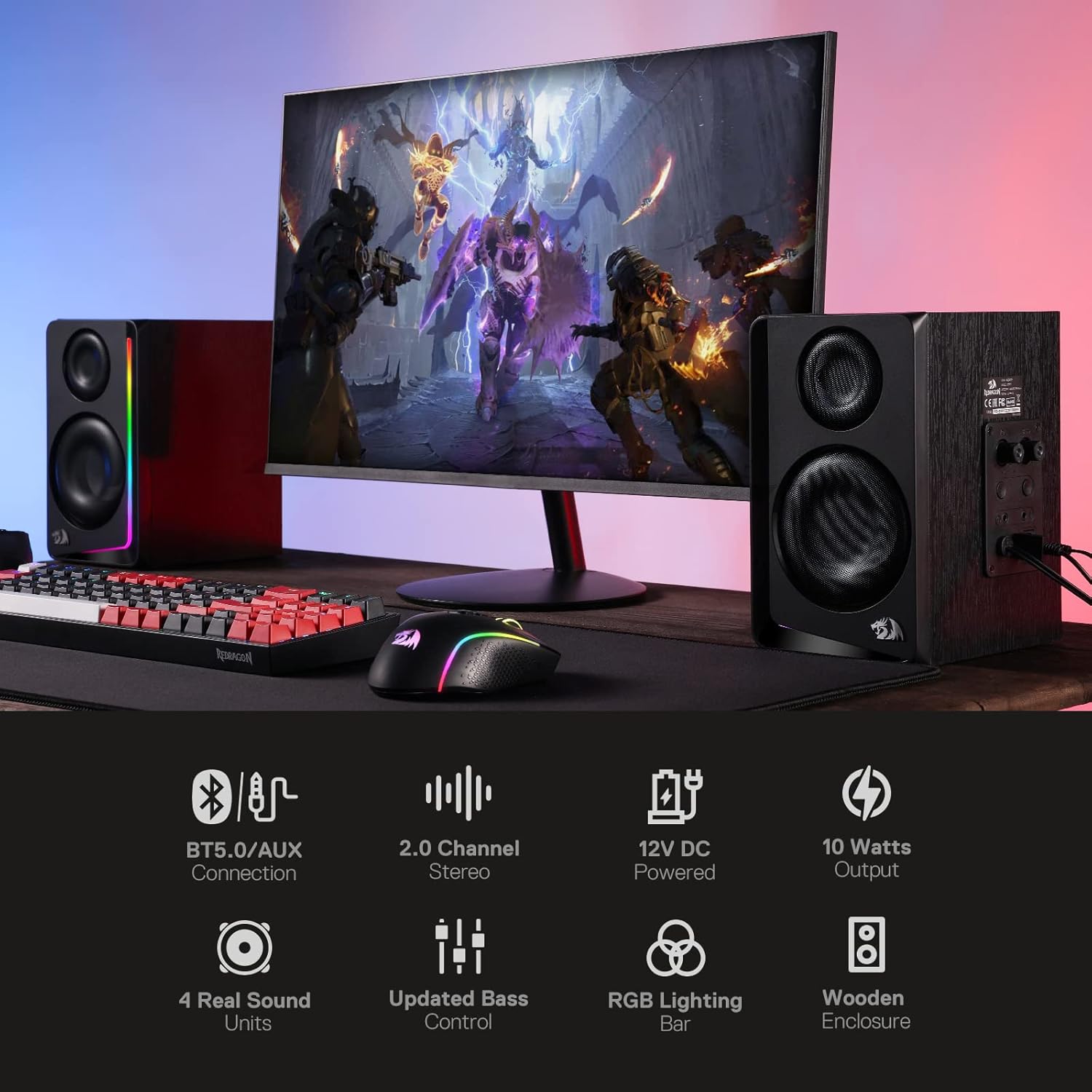 Redragon GS812 Wireless RGB Wooden Desktop Speakers 2.0 Channel Bookshelf