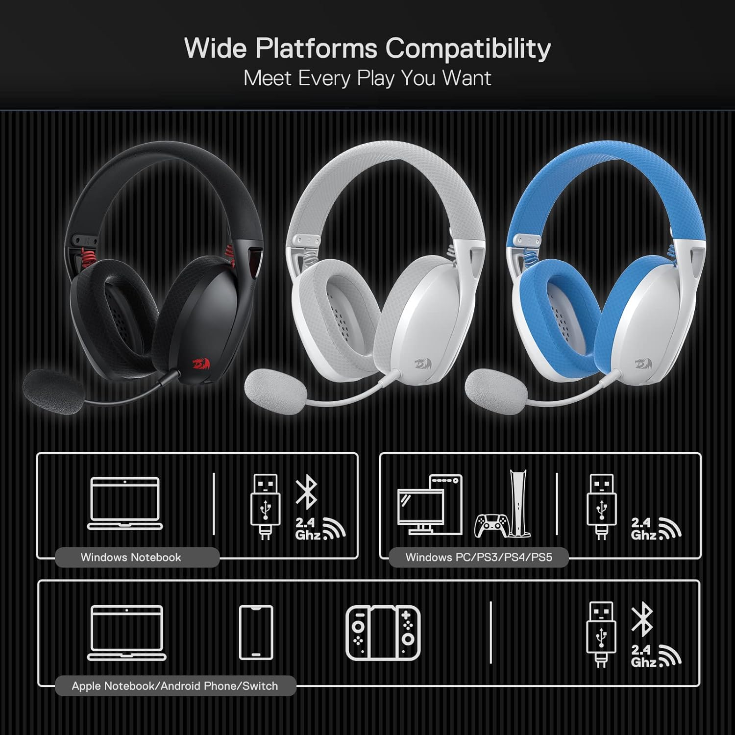 Redragon H848 BT Wireless Gaming Headset Lightweight 7.1 Surround Sound 40MM