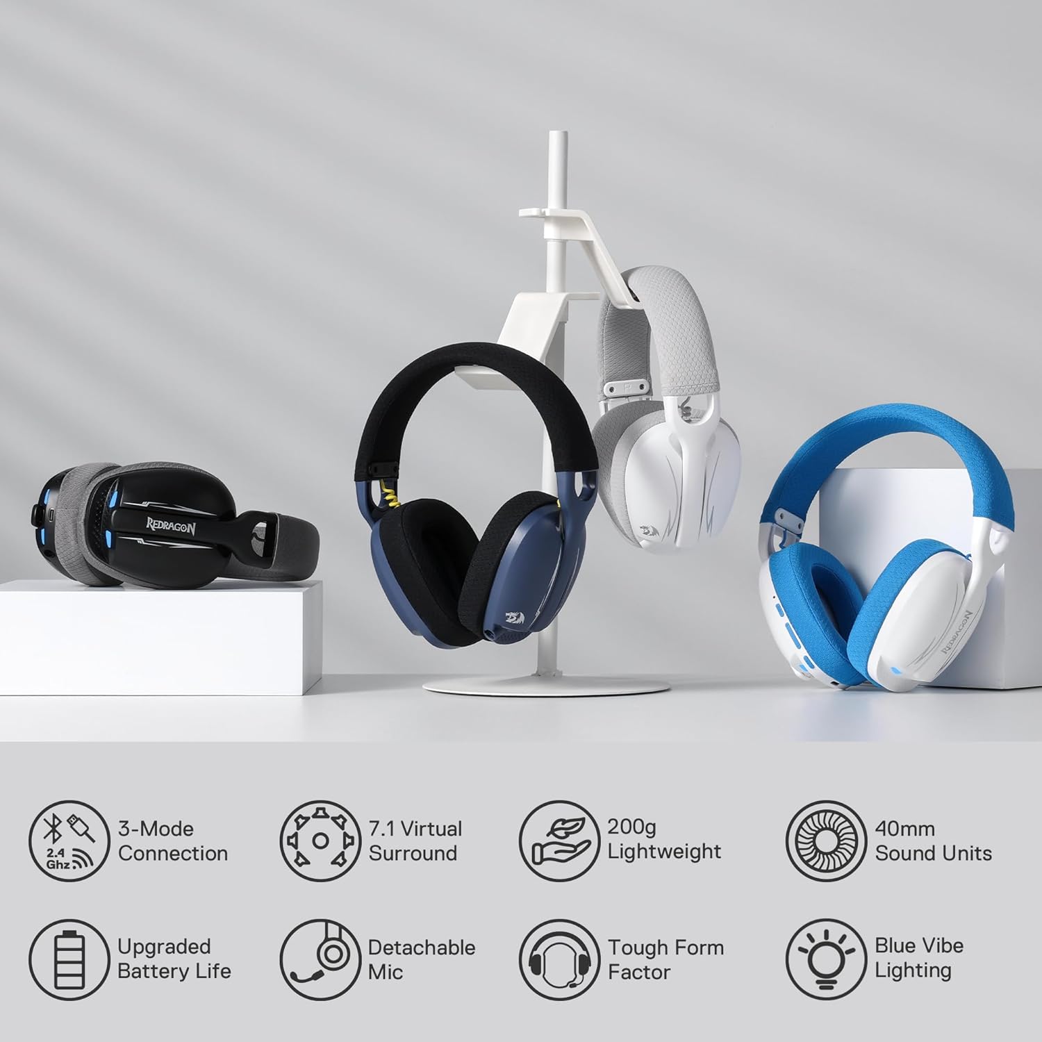 Redragon H878 3 Mode Wireless Blue Lighting Gaming Headset Lightweight 7.1