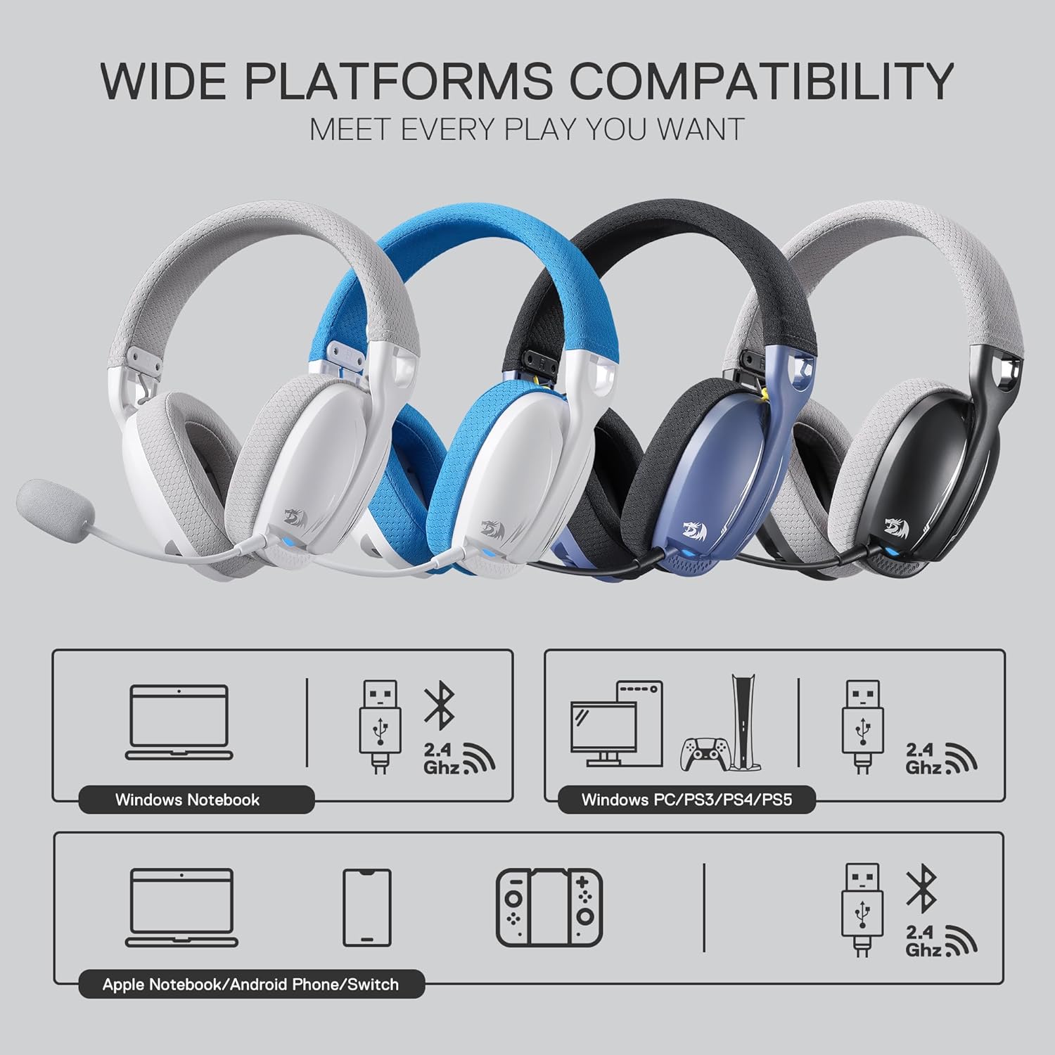 Redragon H878 3-mode Wireless Blue Lighting Gaming Headset - Lightweight - 7.1 Redragon H878 3-mode Wireless Blue Lighting Gaming Headset - Lightweight - 7.1