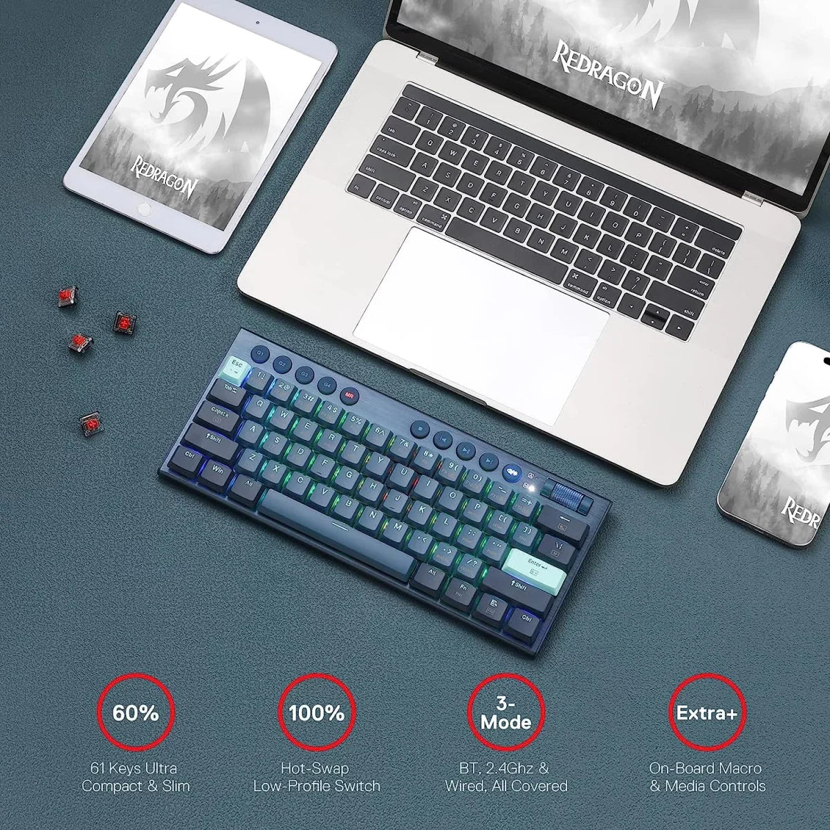 Redragon K632 Blue PRO 60% 3 Mode Connection RGB Mechanical Ultra Thin Low