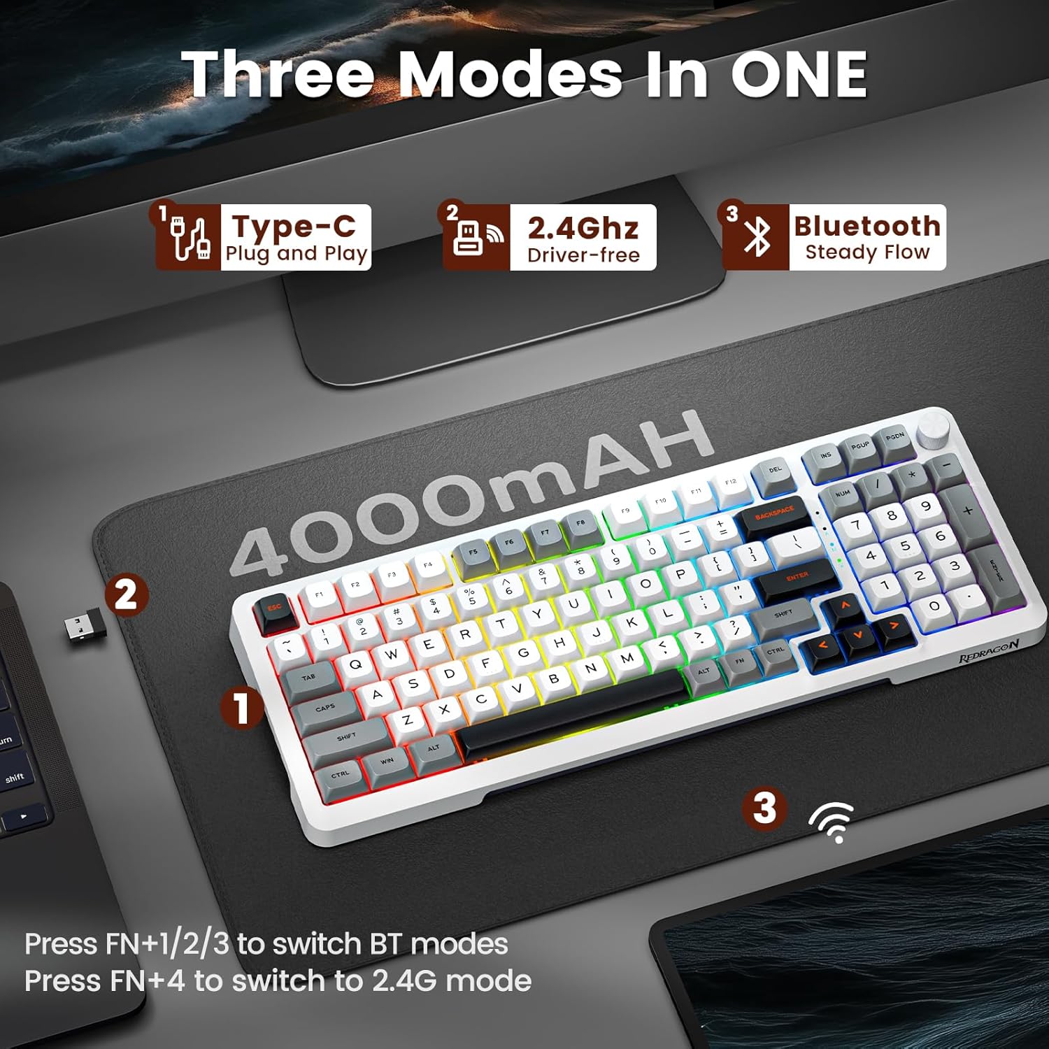 Redragon K688 GWL Wireless Mechanical Keyboard 3 Mode Gasket Mounted RGB Gaming