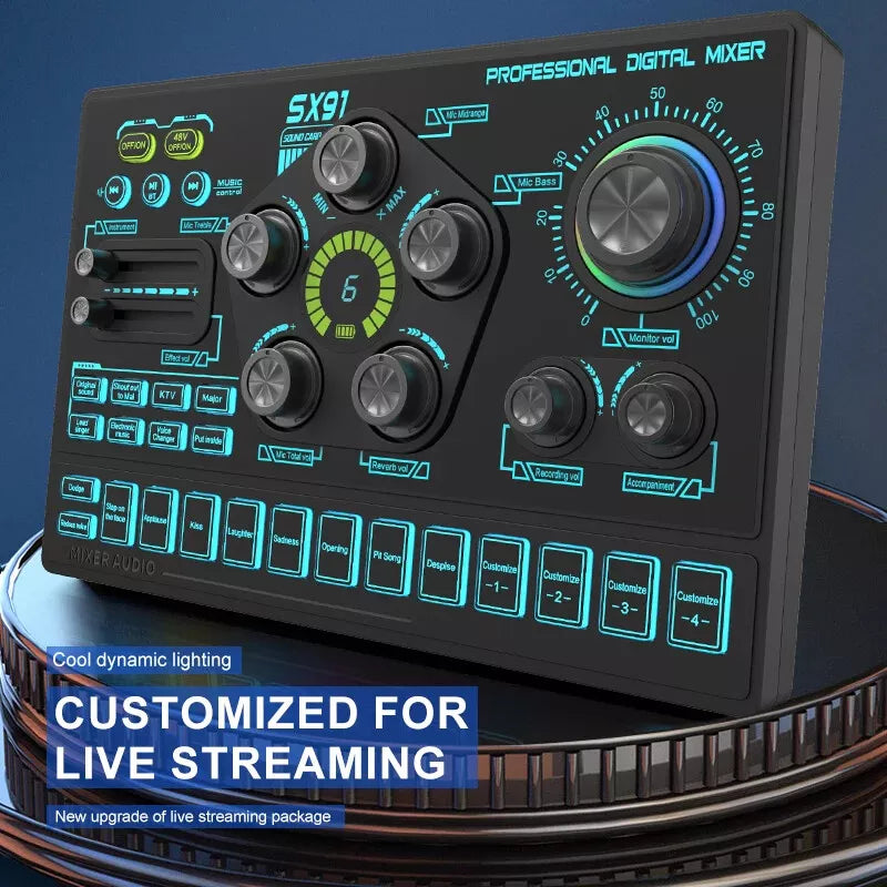 SX91 48V Audio Mixer with Voice changer,Podcast Mixer,Sound Card for Phone