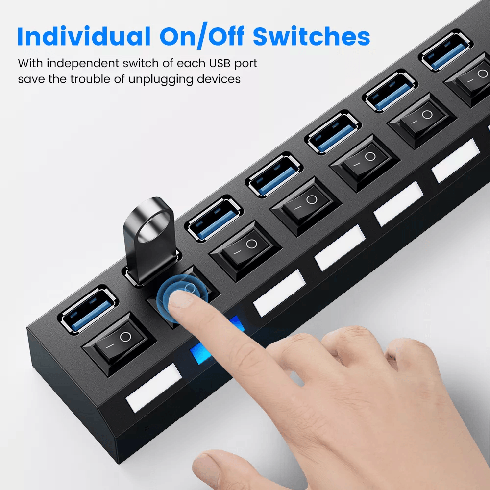Multi Port USB Splitter，7 Port USB 3.0 Hub, USB A Port Data Hub with  Independent On/Off Switch and LED Indicators, Lights for Laptop, PC,  Computer